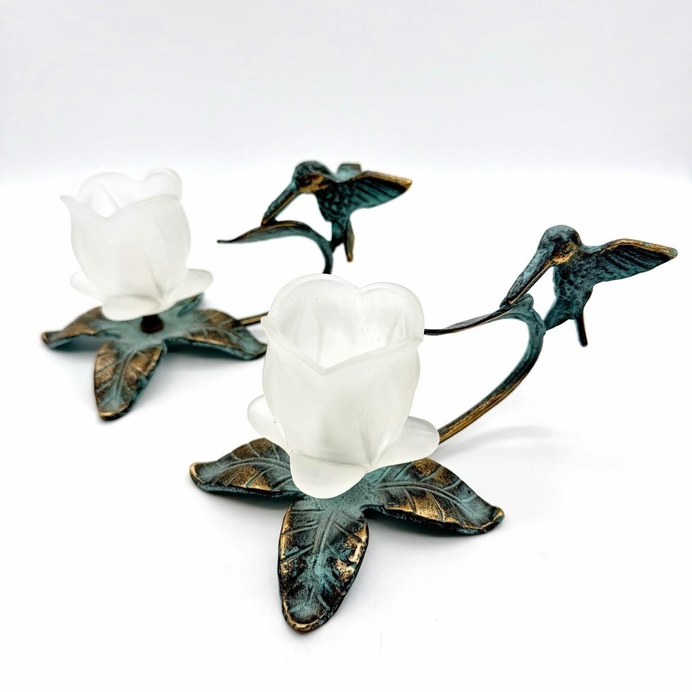 Vintage 90's Brass Hummingbird Verdigris Flower Candle Holder Vase Green Ivy - Picture 2 of 16